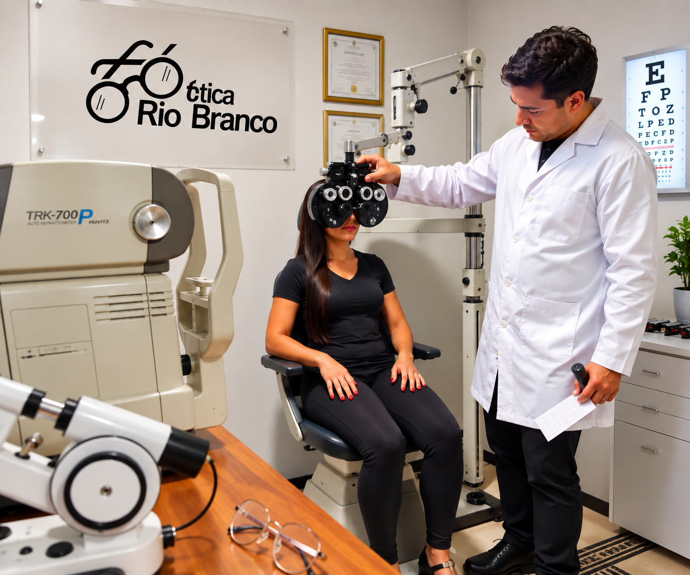 Profissional da Ótica Rio Branco realizando a consulta visual na sala de exames